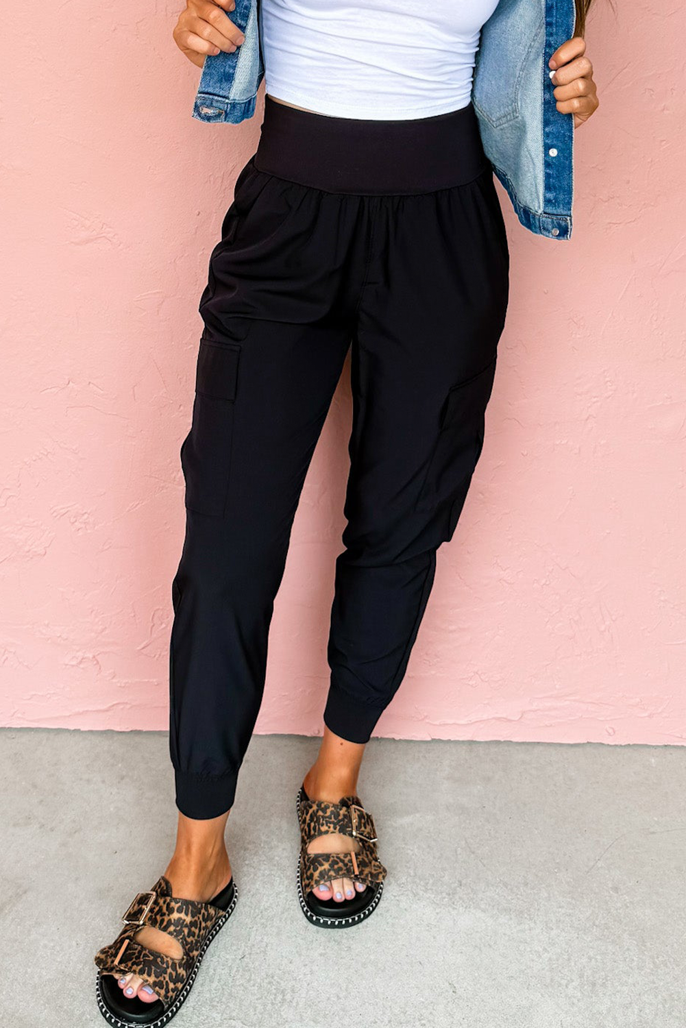 Medium Grey Elastic High Waist Pocketed Cargo Jogger Pants