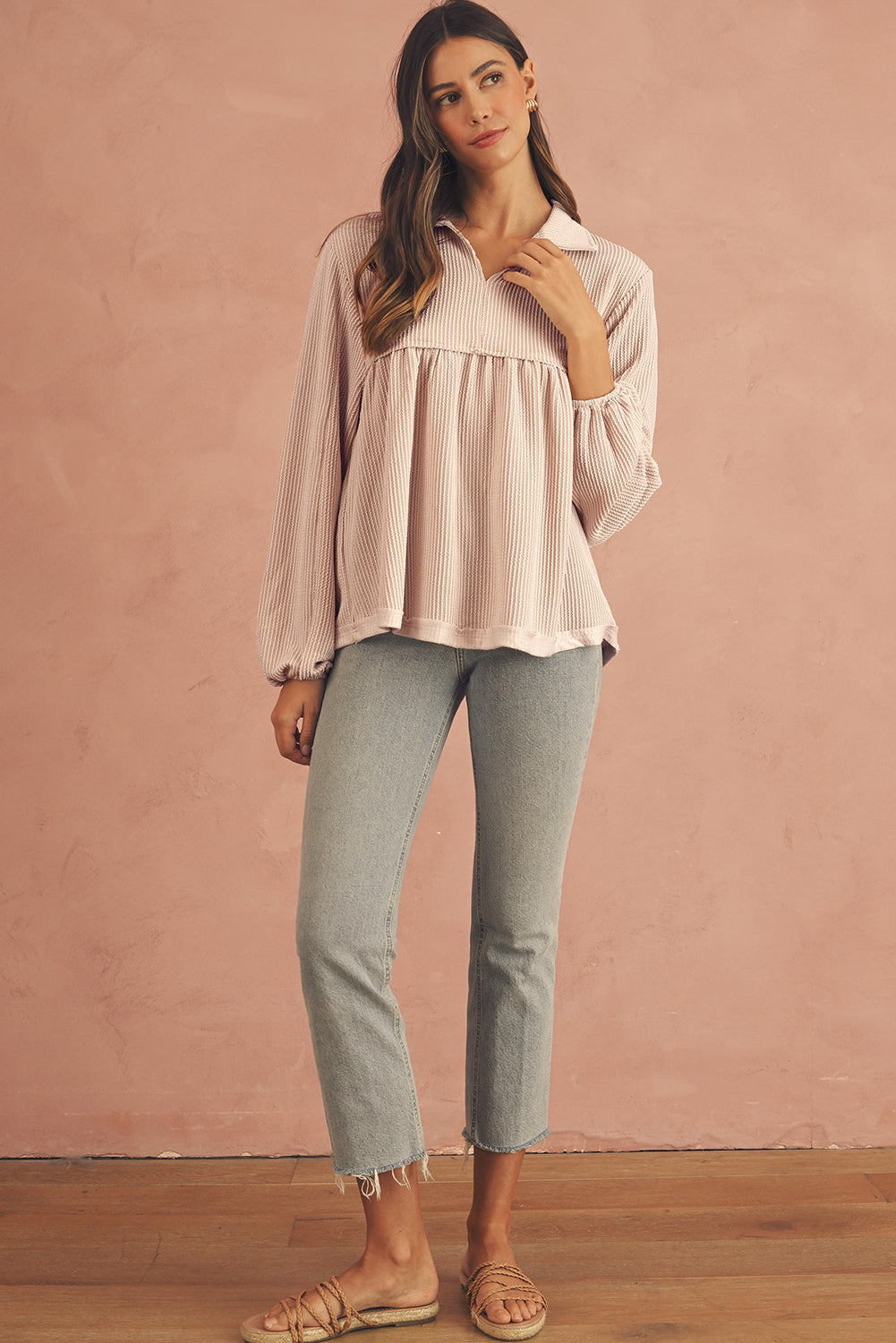 Phalaenopsis Corded Turn-down Collar Bubble Sleeve Babydoll Top