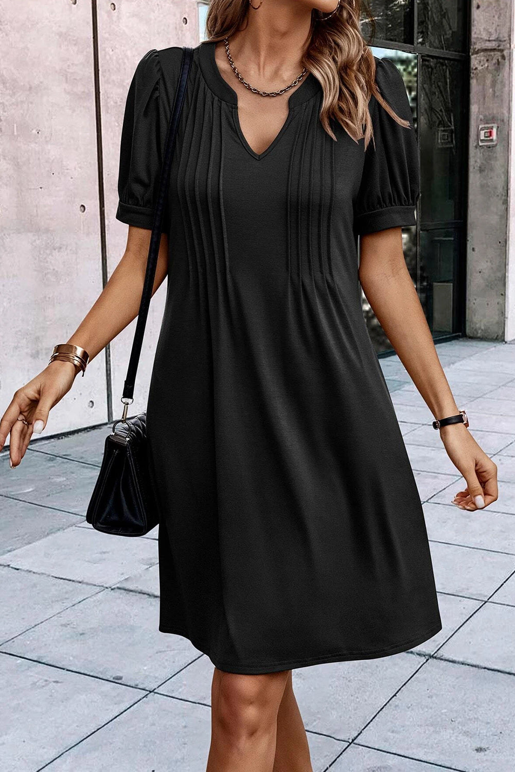 Fern Green Notched Neck Puff Sleeve Pleated T Shirt Dress