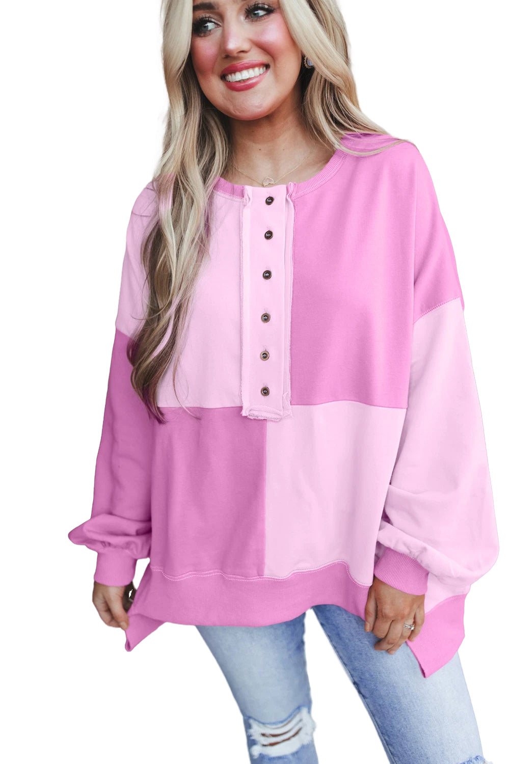 Pink Colorblock High Low Loose Henley Sweatshirt