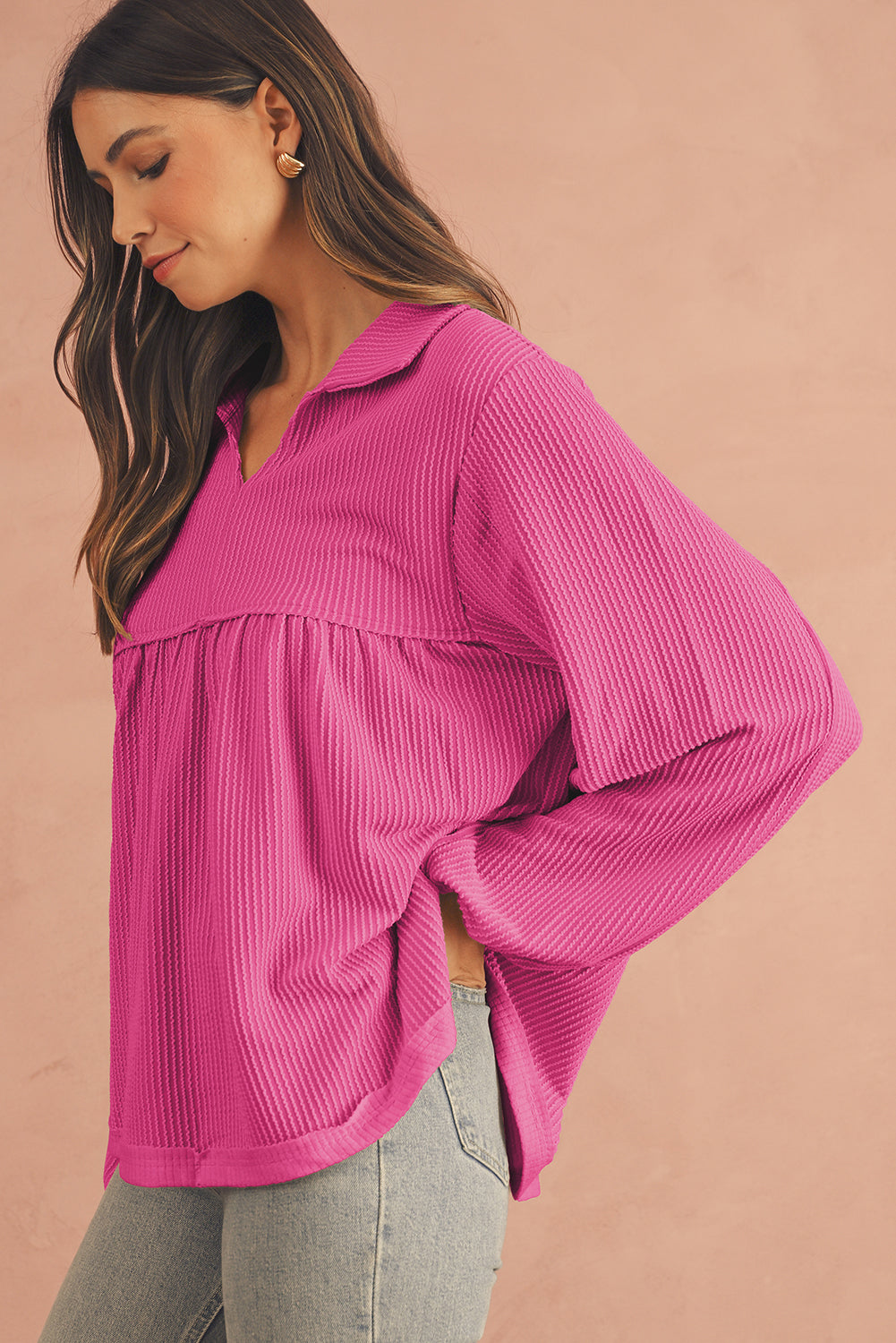 Phalaenopsis Corded Turn-down Collar Bubble Sleeve Babydoll Top
