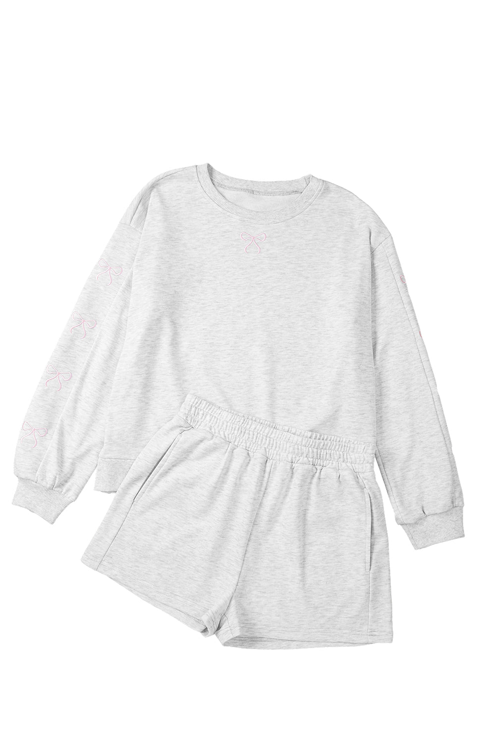 Sachet Pink Bow Embroidery Long Sleeve Pullover and High Waist Shorts Set