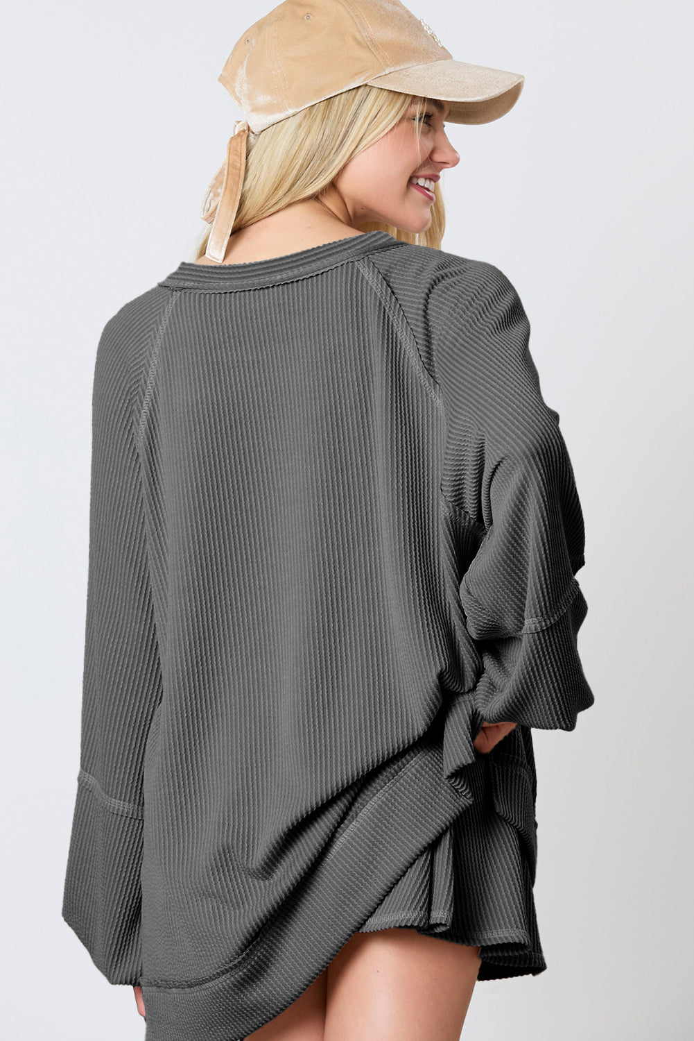 Dark Grey Corded Bishop Sleeve Pullover and Ruffle Mini Skirt Set