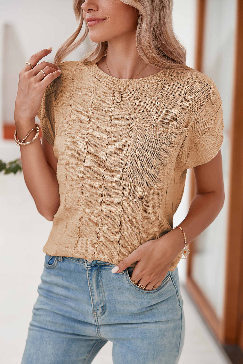 Smoke Gray Lattice Textured Knit Short Sleeve Baggy Sweater