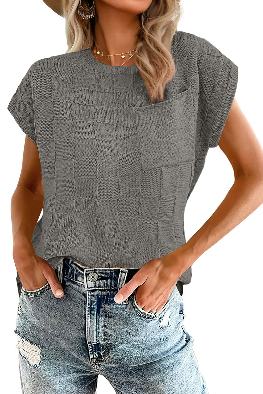 Smoke Gray Lattice Textured Knit Short Sleeve Baggy Sweater
