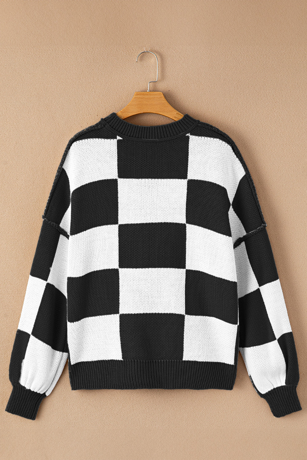 Rose Checkered Bishop Sleeve Pullover Sweater