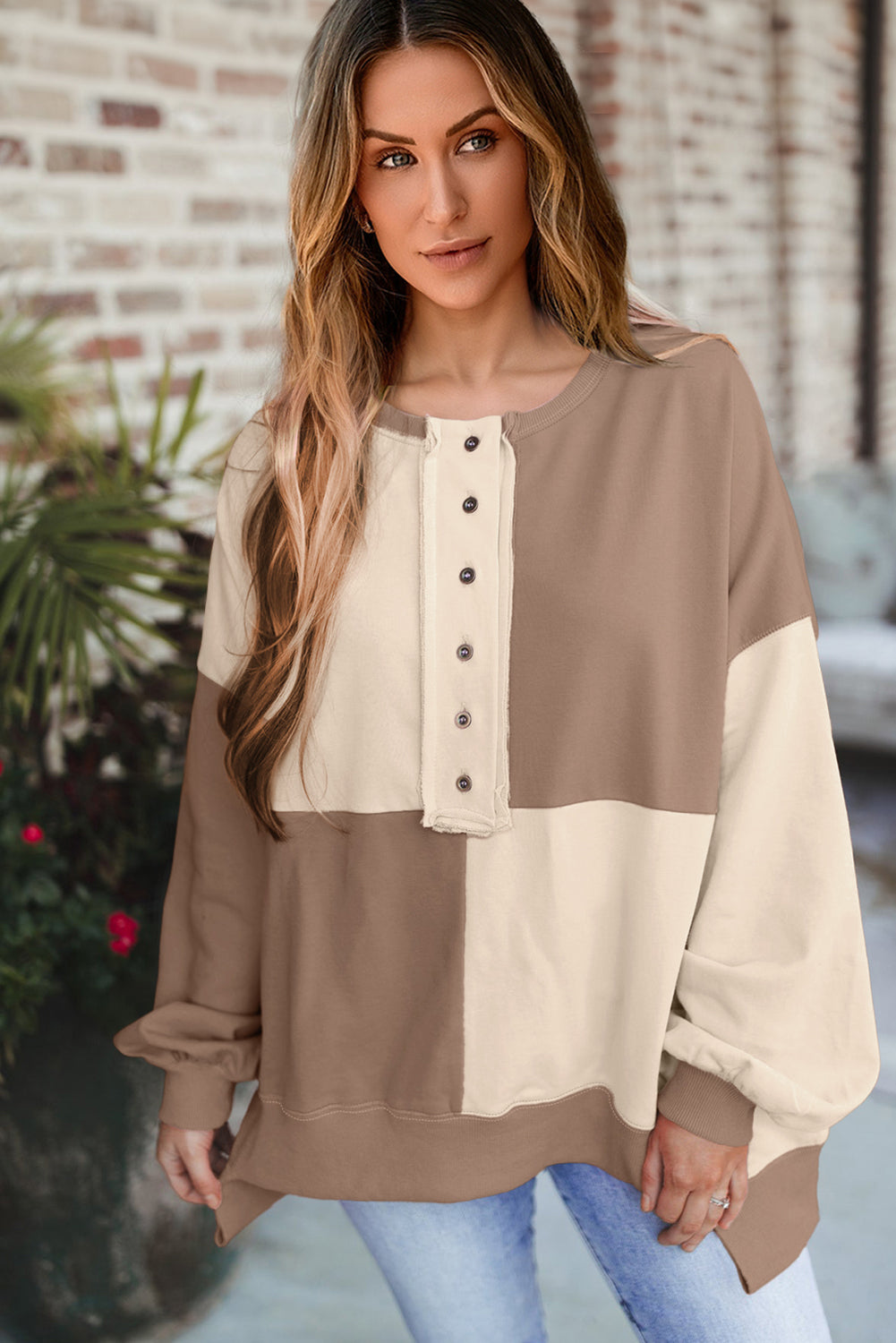 Pink Colorblock High Low Loose Henley Sweatshirt