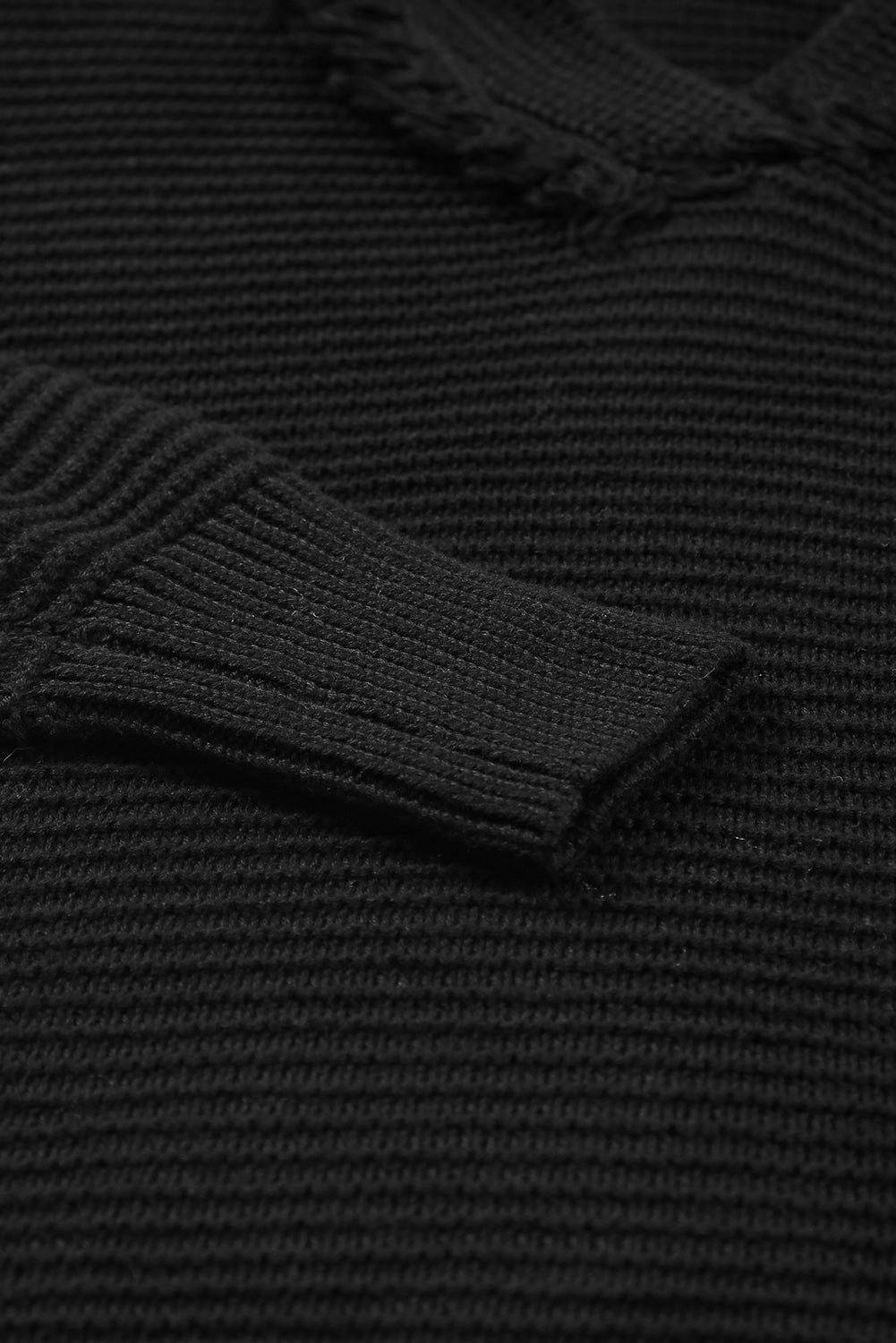 Black Split V Neck Pullover Knit Hooded Sweater