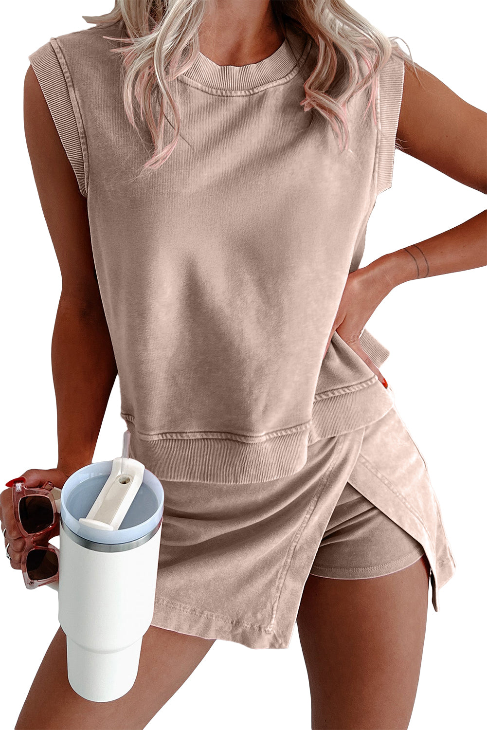 Light Pink Mineral Wash Sleeveless Top and Split Skort Set