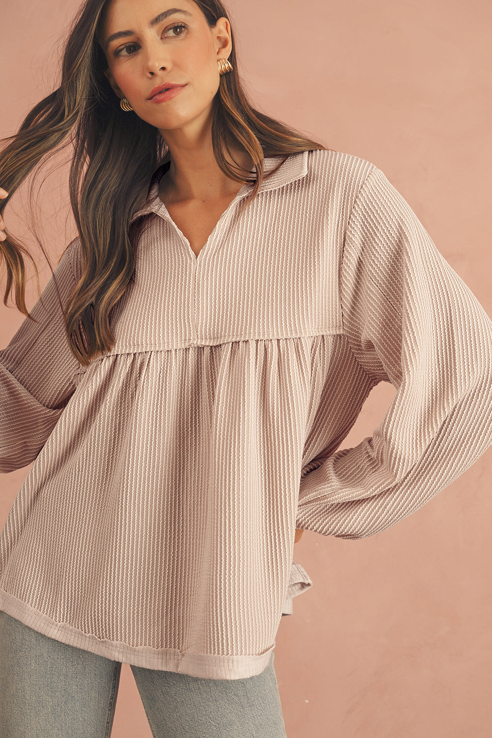 Phalaenopsis Corded Turn-down Collar Bubble Sleeve Babydoll Top
