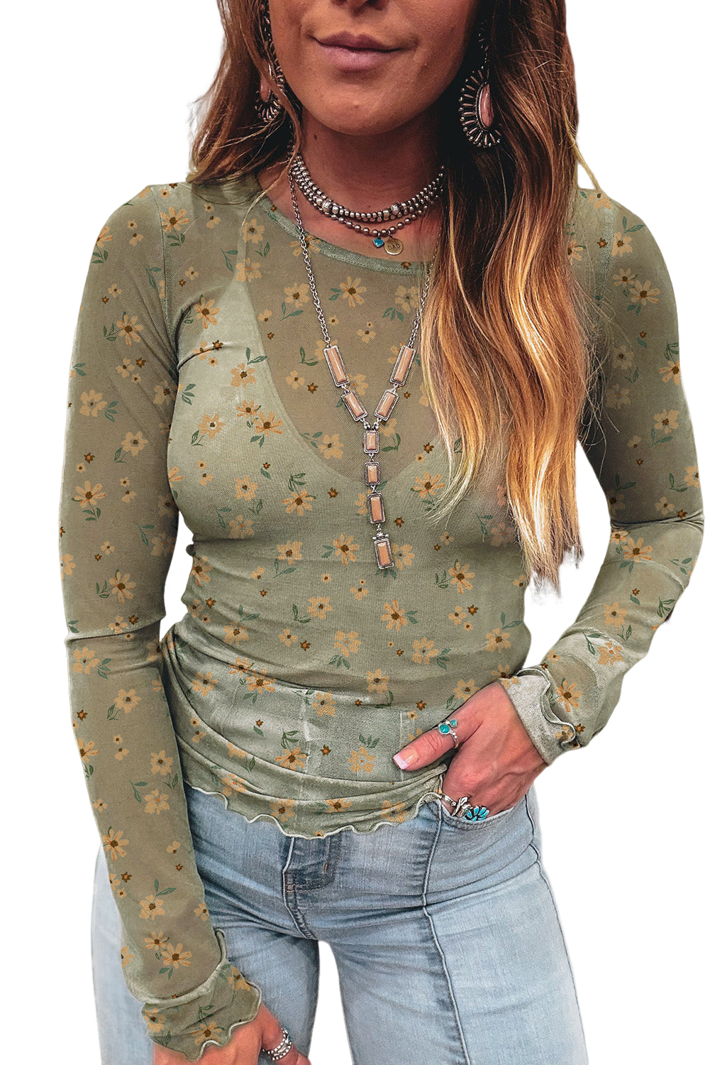 Sky Blue Floral Print Mesh Slim Fit Long Sleeve Top