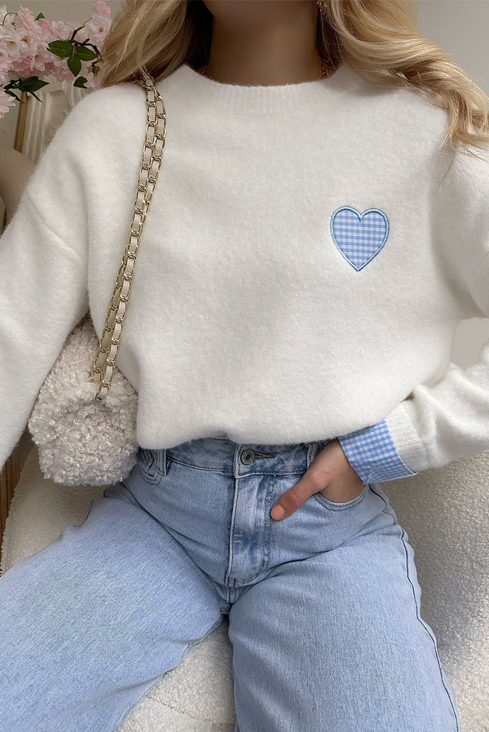 Light Pink Plaid Heart Embroidered Cuffed Drop Shoulder Crew Neck Sweater