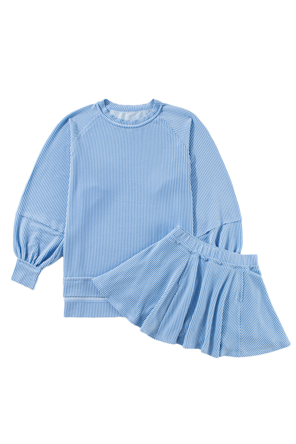 Dark Grey Corded Bishop Sleeve Pullover and Ruffle Mini Skirt Set