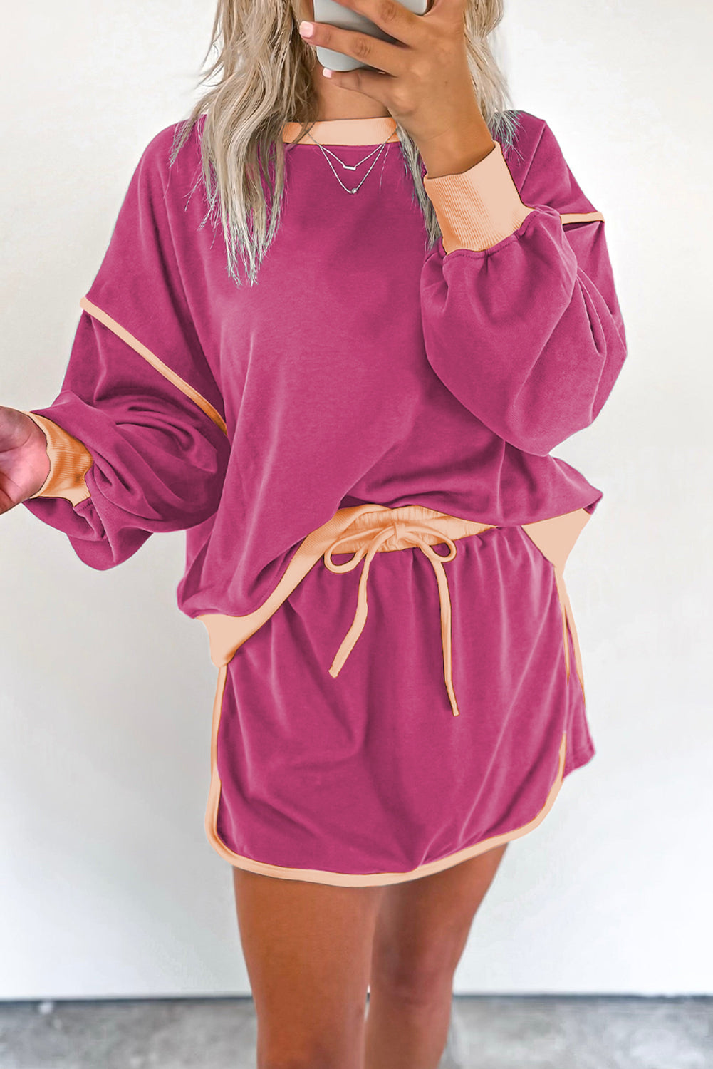 Black Contrast Trim Loose Pullover and Lace-up Waist Skort Set