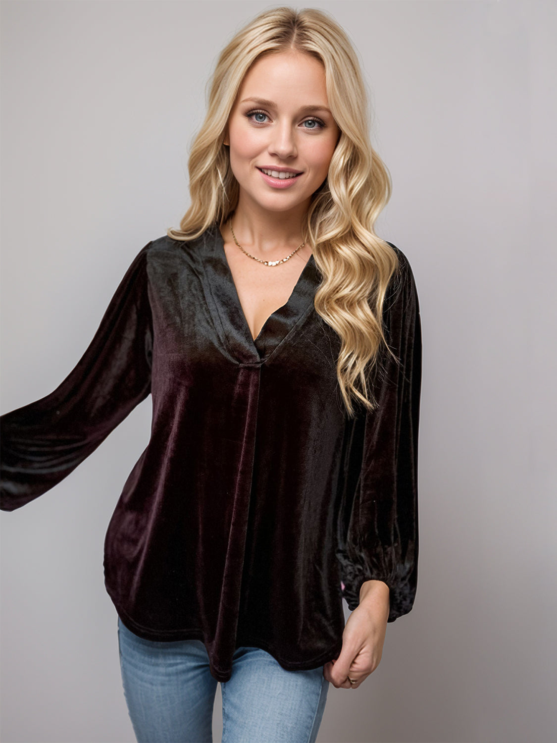 V-Neck Three-Quarter Sleeve Velvet Blouse