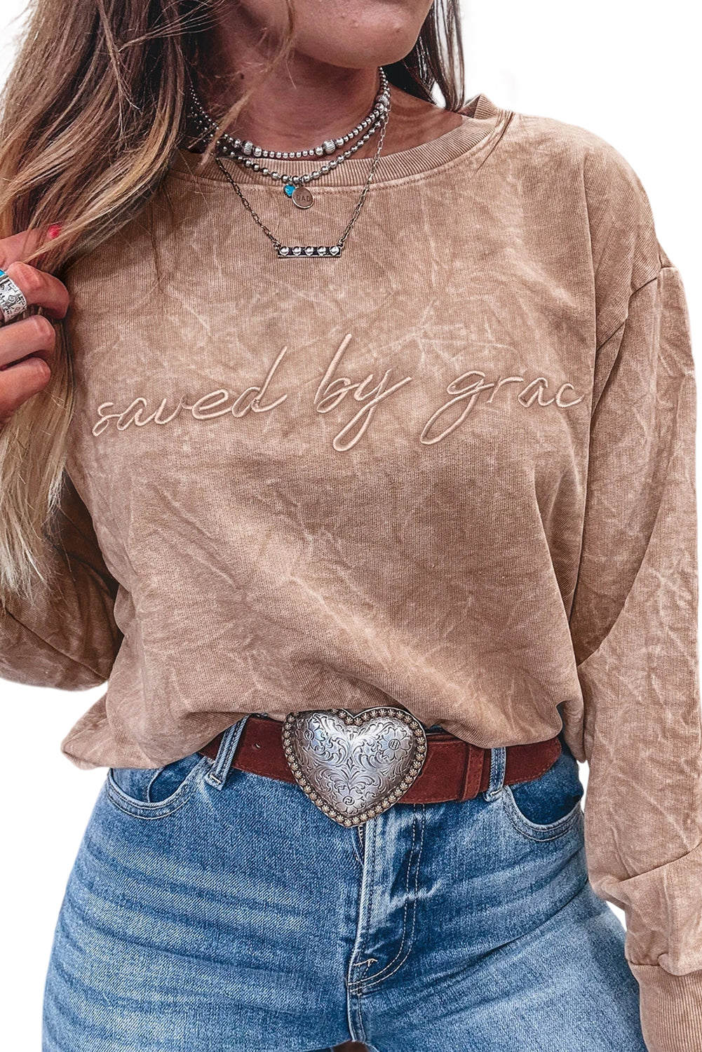 High-rise saved by grace Letter Embroidery Mineral Wash Loose Sweatshirt