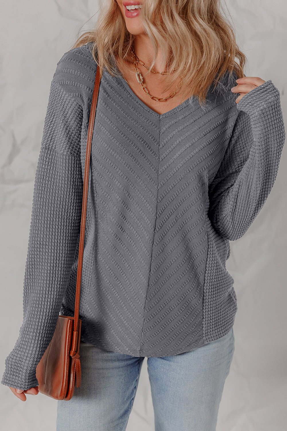 Sleet V Neck Chevron Texture Patchwork Long Sleeve Top