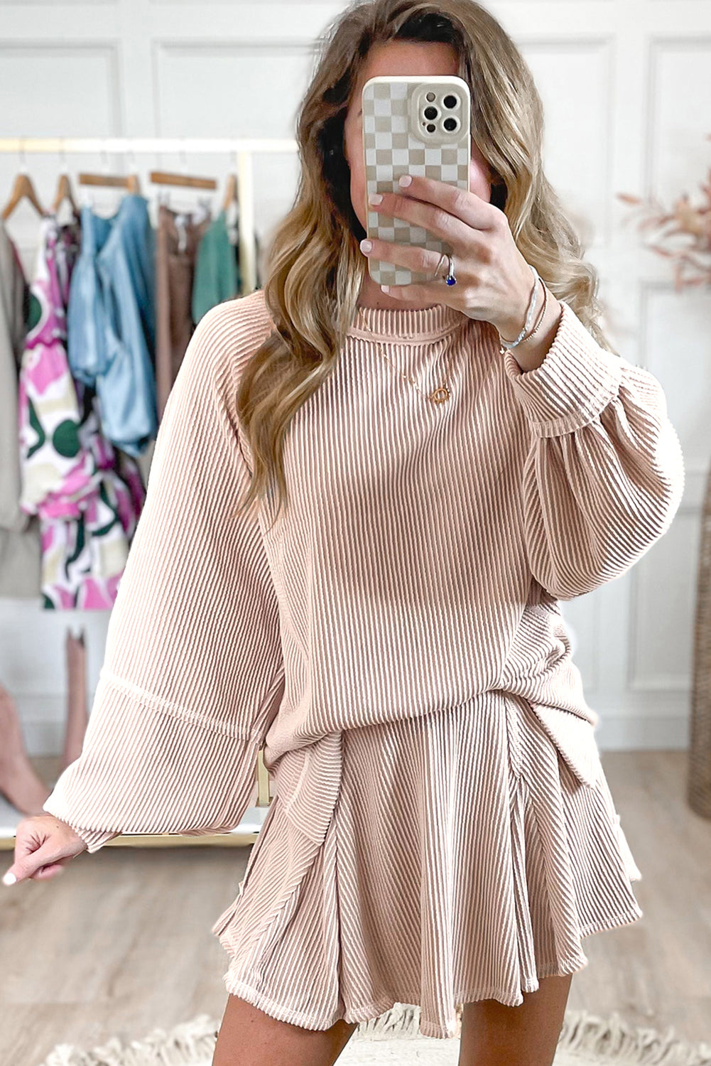 Dark Grey Corded Bishop Sleeve Pullover and Ruffle Mini Skirt Set