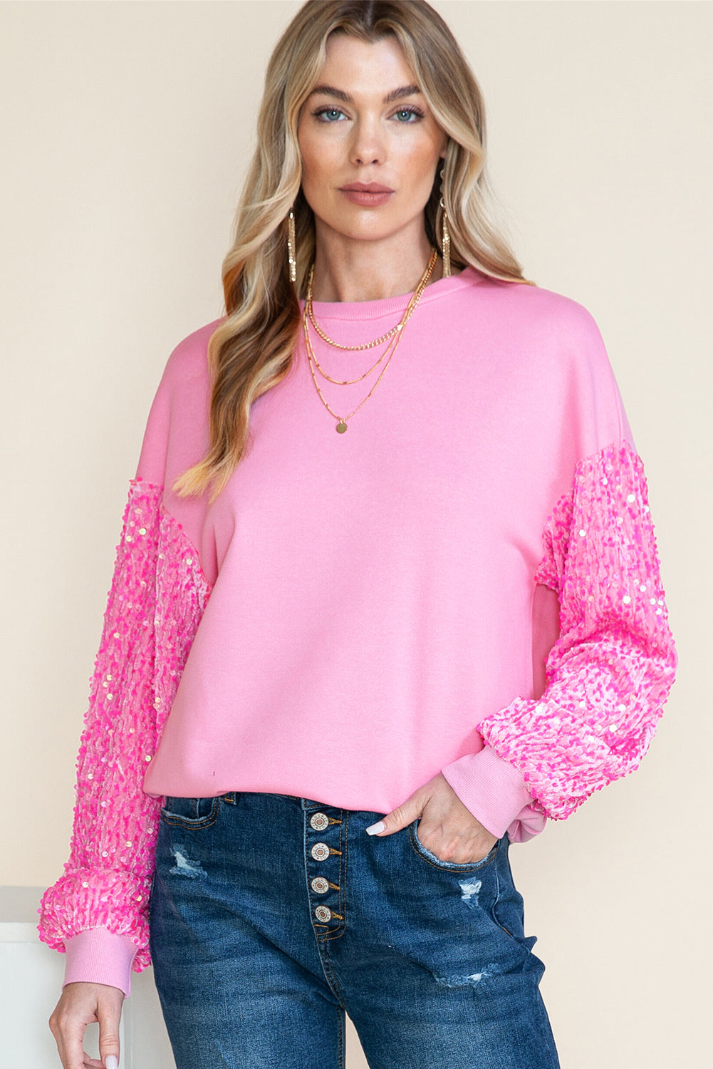Pink Sequin Patchwork Long Sleeve Pullover Sweatshirt