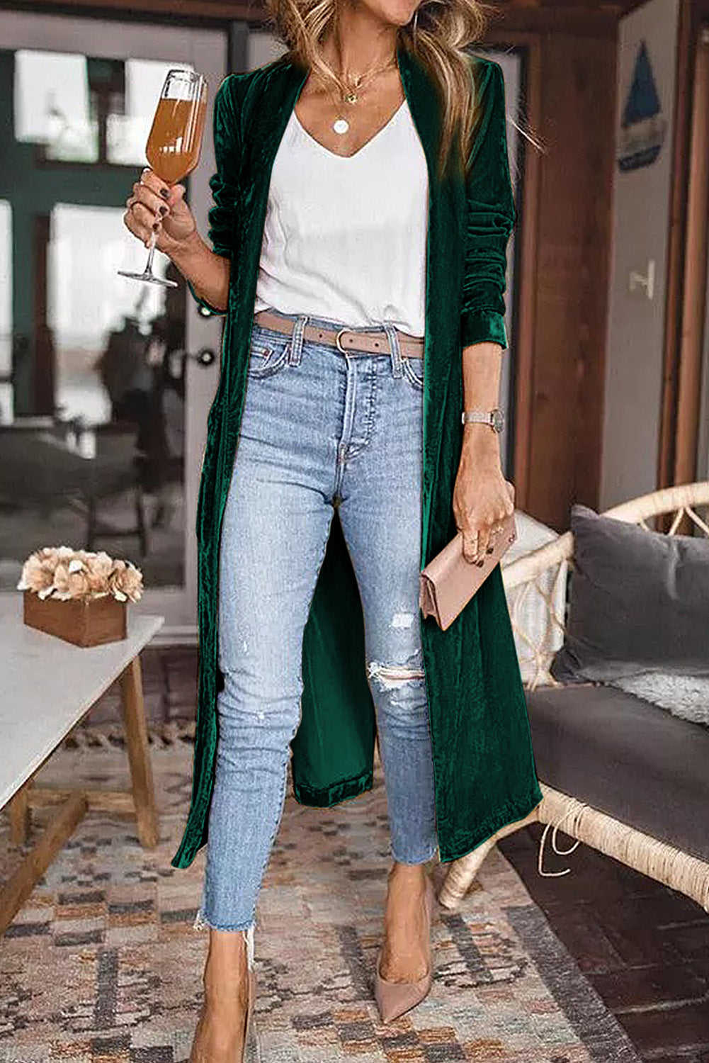 Rose Red Velvet Elegant Pocket Open Front Long Cardigan