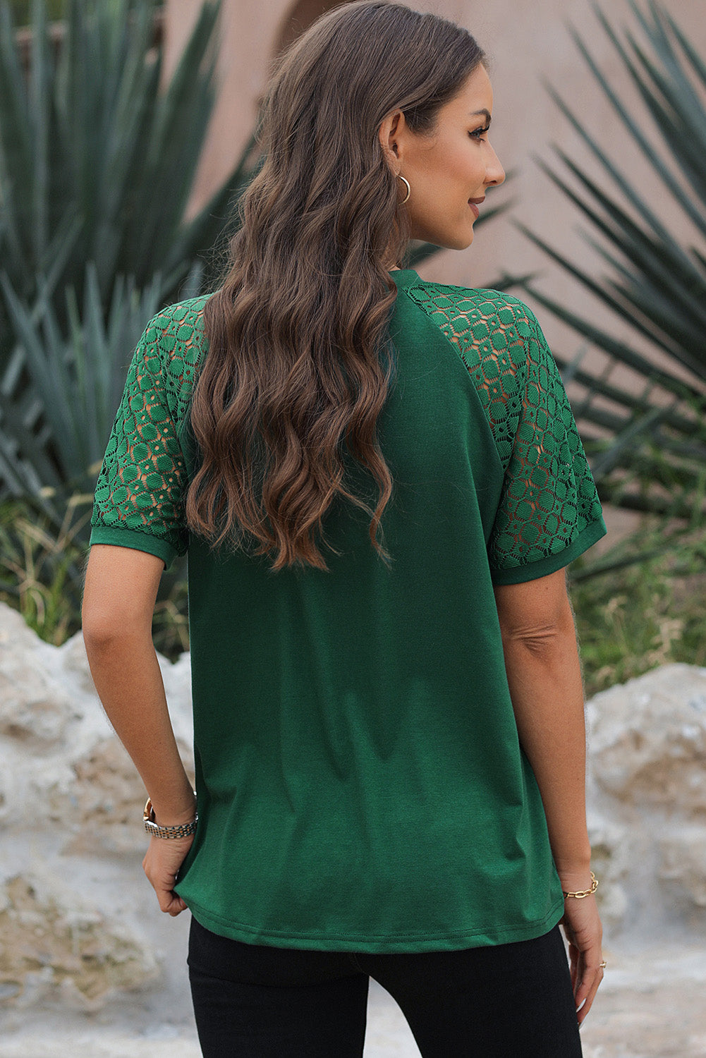 Black Seamed Detail Contrast Lace Raglan Sleeve Tee