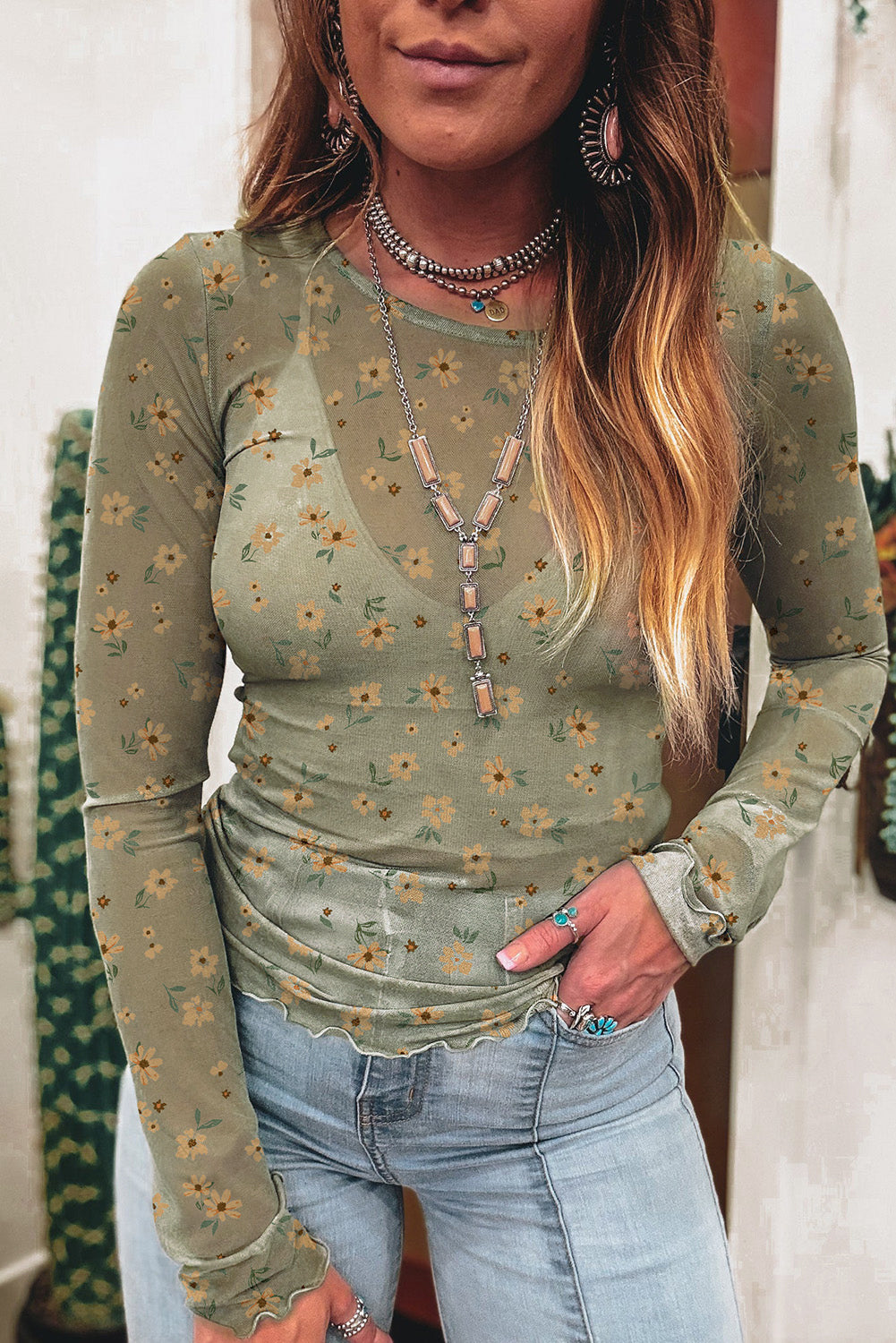 Sky Blue Floral Print Mesh Slim Fit Long Sleeve Top