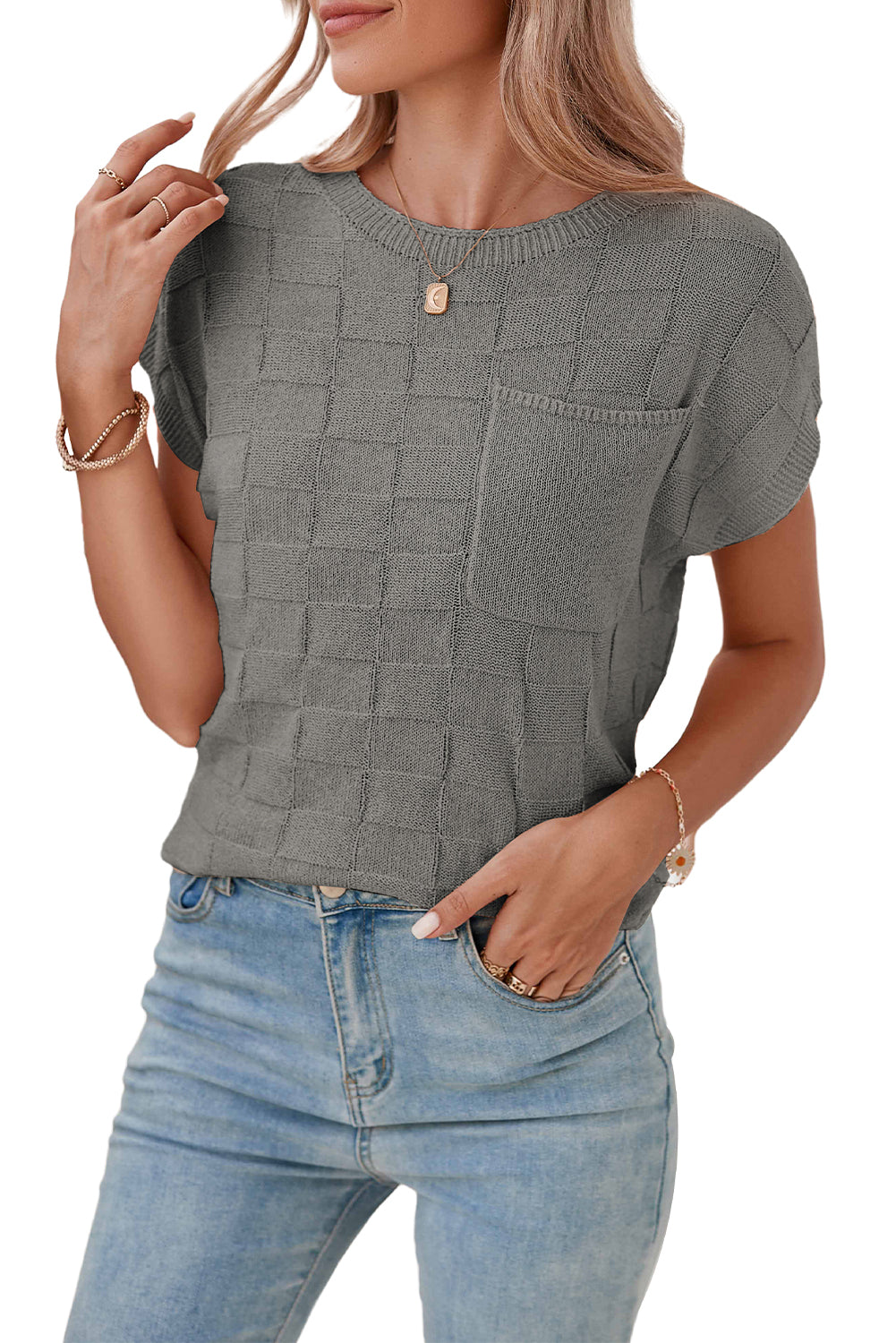 Smoke Gray Lattice Textured Knit Short Sleeve Baggy Sweater