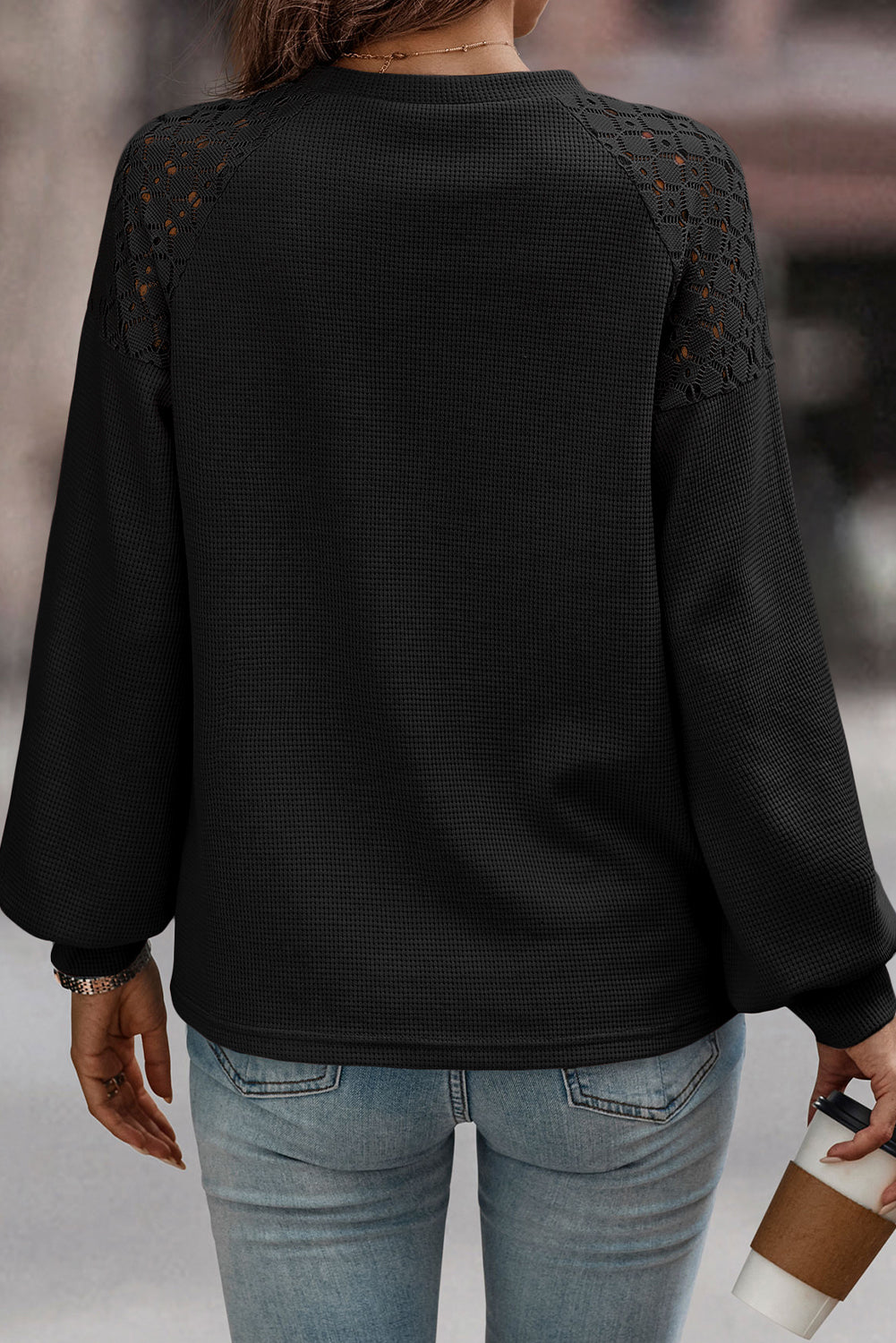 Real Teal Lace Patchwork Long Sleeve Textured Pullover