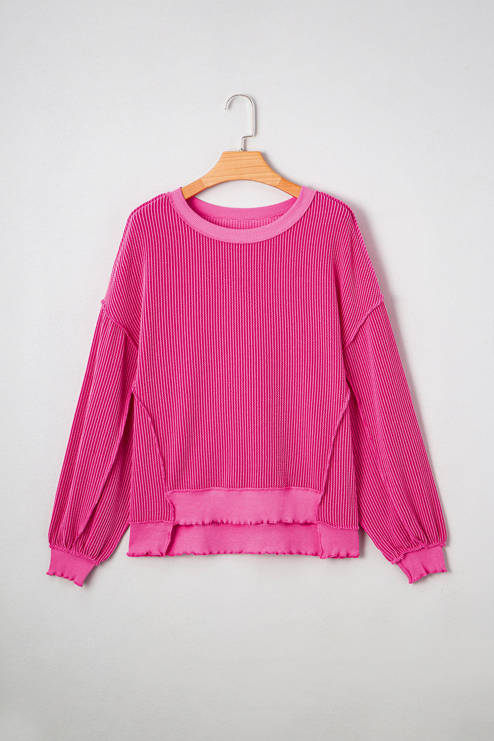 Strawberry Pink Twisted Ribbed Seamed Patchwork Long Sleeve Top