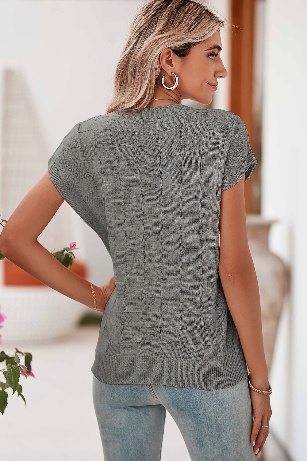 Smoke Gray Lattice Textured Knit Short Sleeve Baggy Sweater