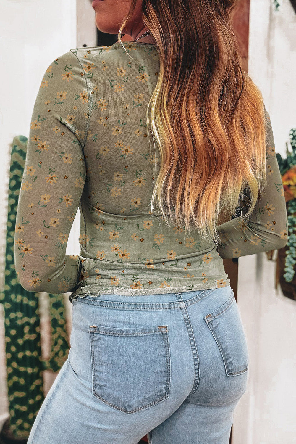 Sky Blue Floral Print Mesh Slim Fit Long Sleeve Top