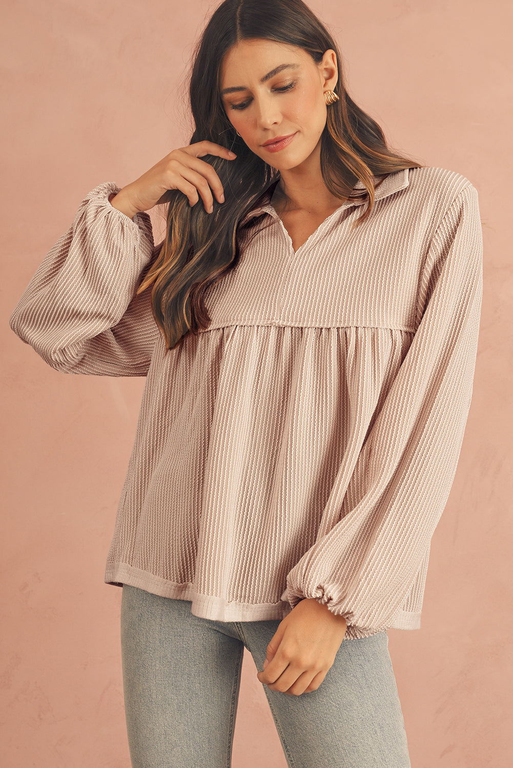 Phalaenopsis Corded Turn-down Collar Bubble Sleeve Babydoll Top
