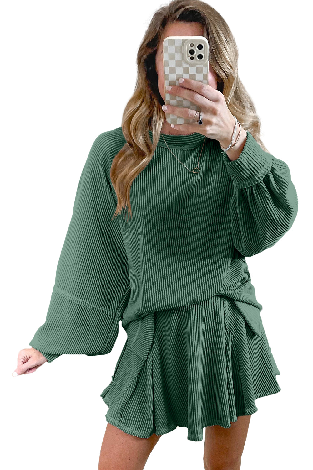 Dark Grey Corded Bishop Sleeve Pullover and Ruffle Mini Skirt Set