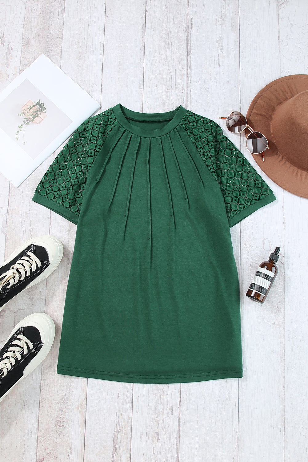 Black Seamed Detail Contrast Lace Raglan Sleeve Tee