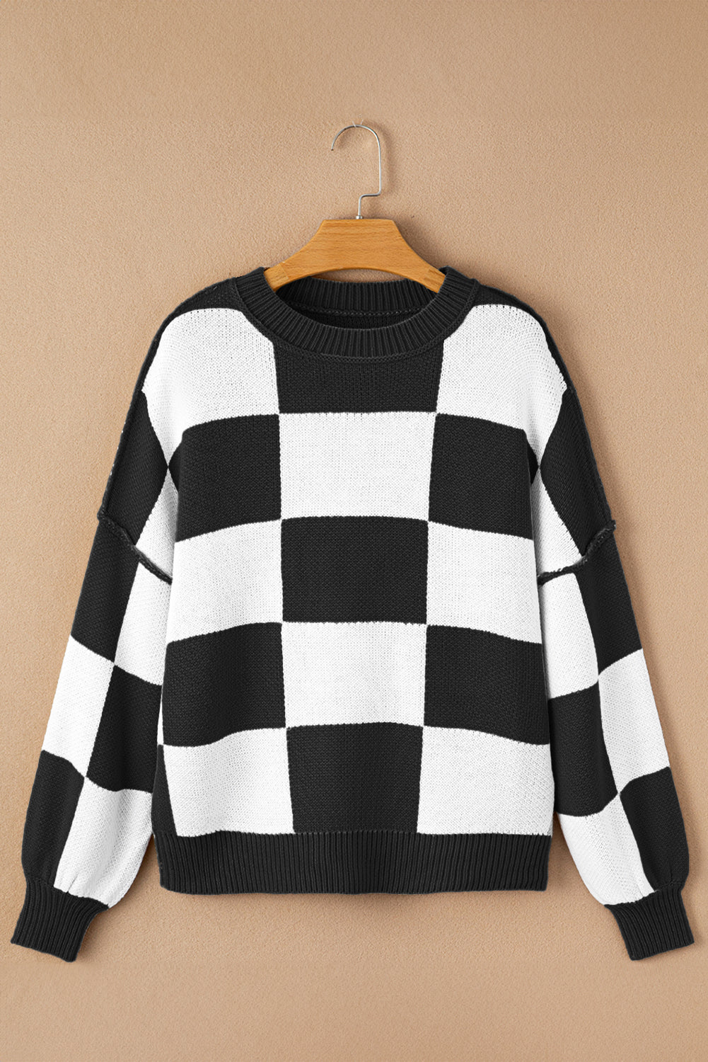 Rose Checkered Bishop Sleeve Pullover Sweater