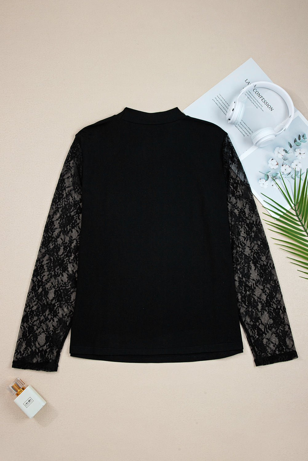 Black Plus Size Lace Patchwork Asymmetric Long Sleeve Top