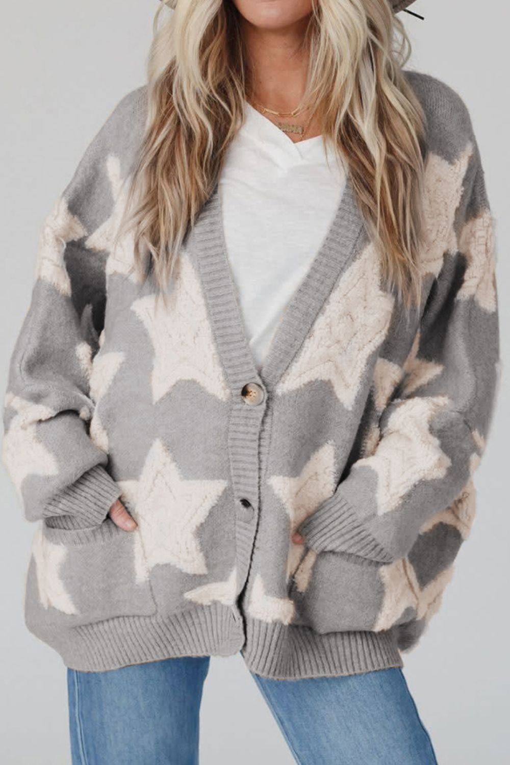 Star Beige Button Up Long Sleeve Cardigan