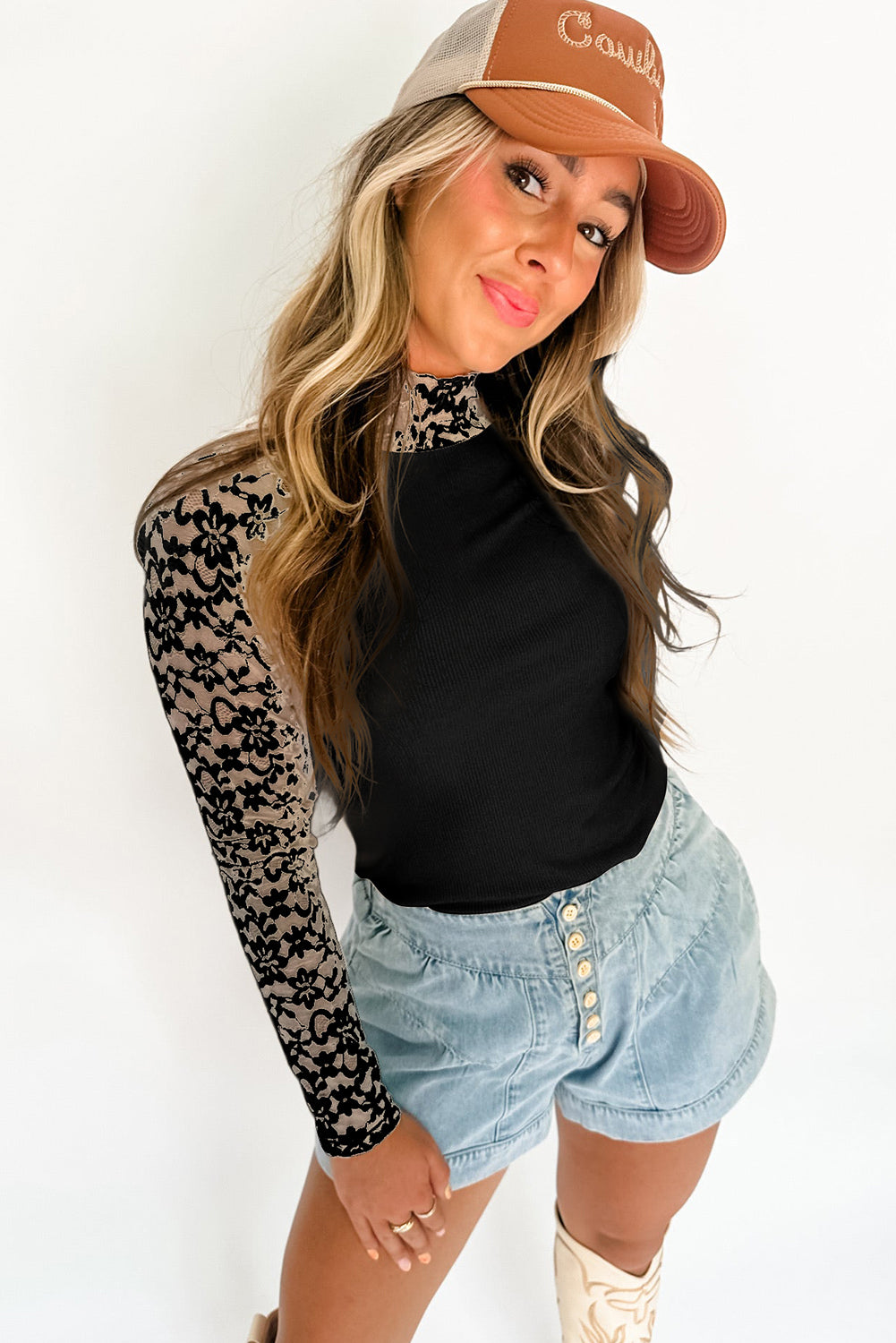 Beige and Black Floral Lace Patchwork Long Sleeve High Neck Slim Top