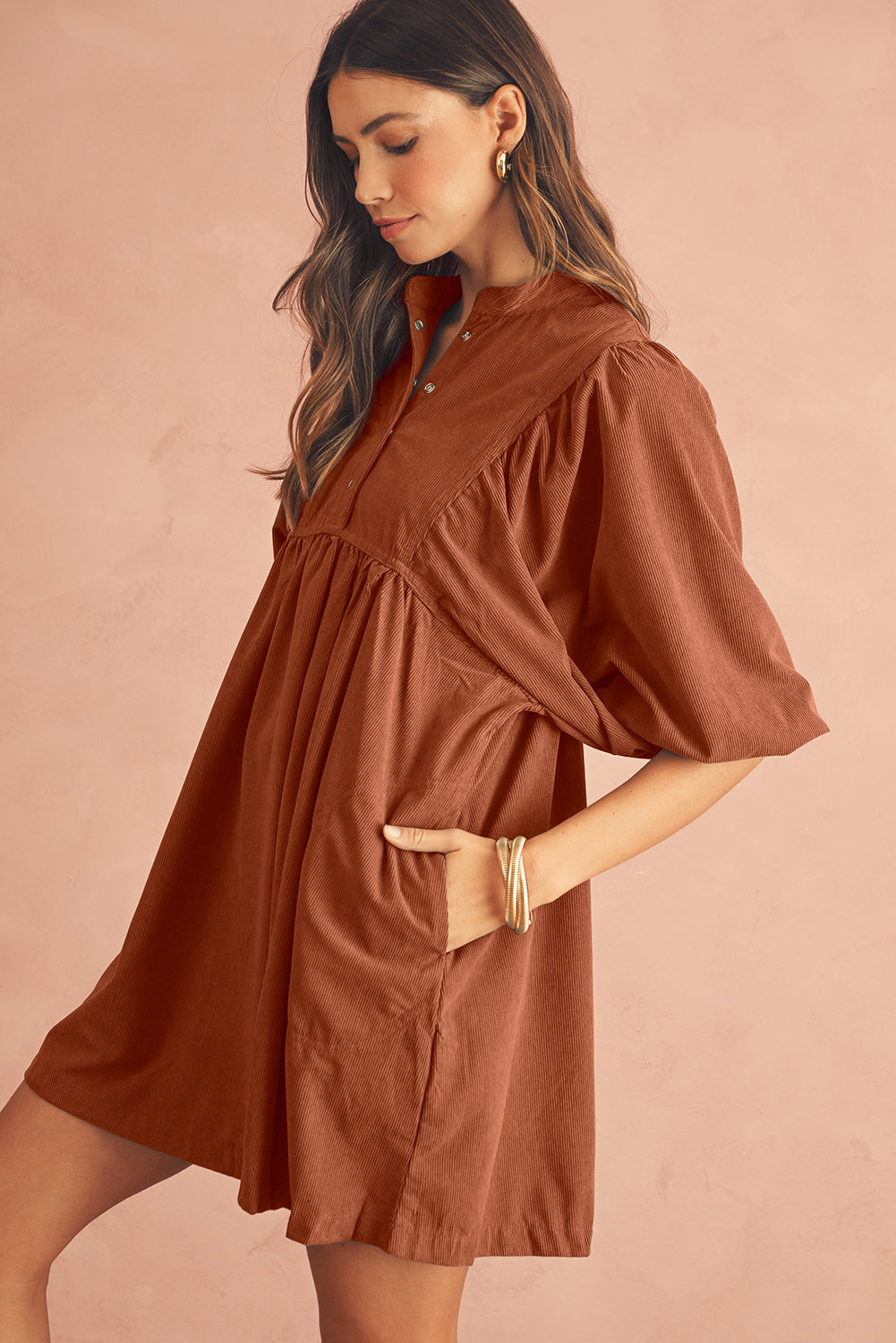 Vineyard Green Light Snap Button Empire Waist Lantern Sleeve Corduroy Dress