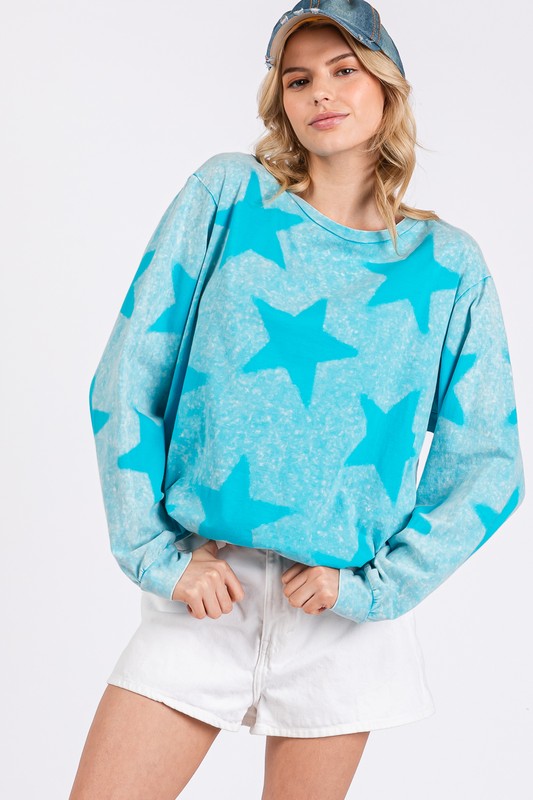 SAGE + FIG Mineral Wash Turquoise Star Pattern T-Shirt