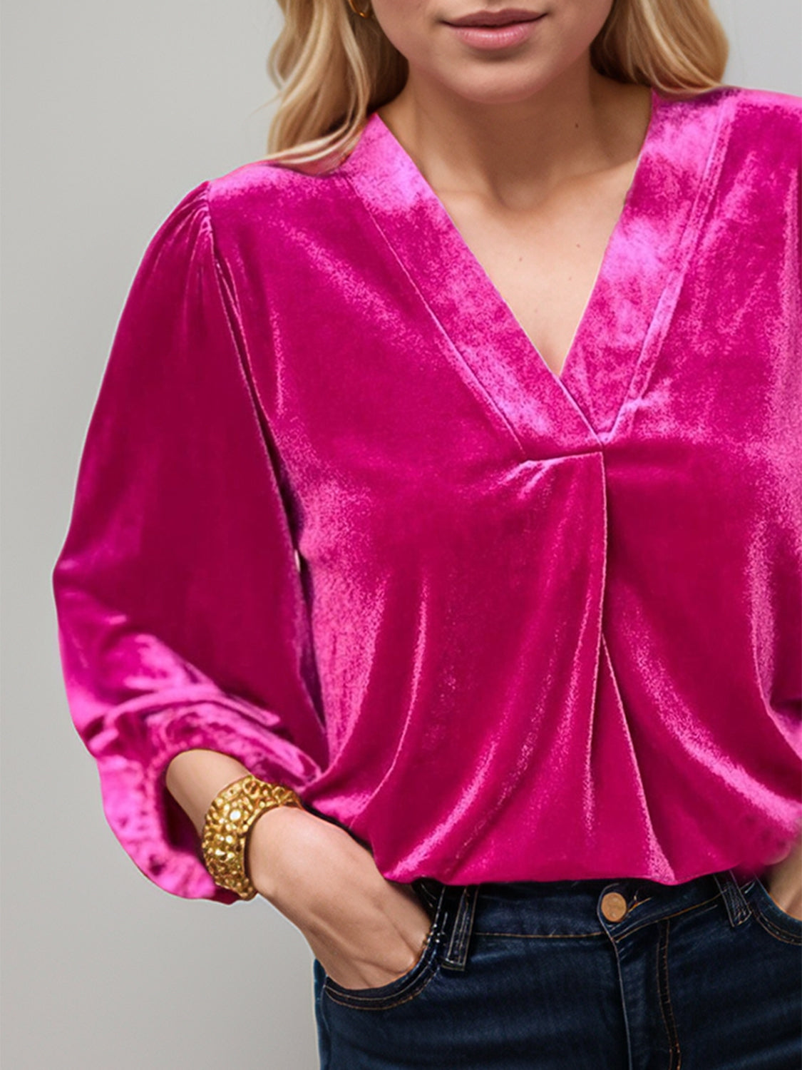 V-Neck Three-Quarter Sleeve Velvet Blouse