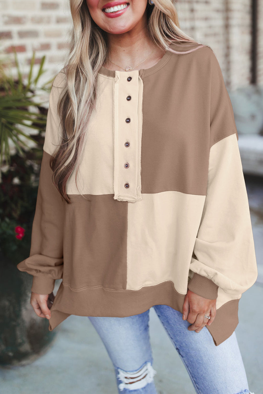 Pink Colorblock High Low Loose Henley Sweatshirt