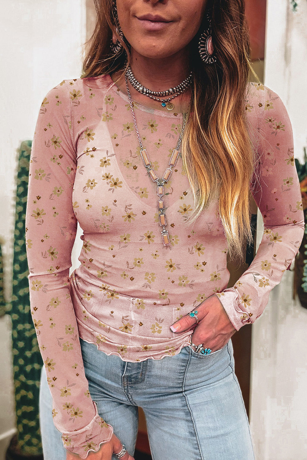 Sky Blue Floral Print Mesh Slim Fit Long Sleeve Top
