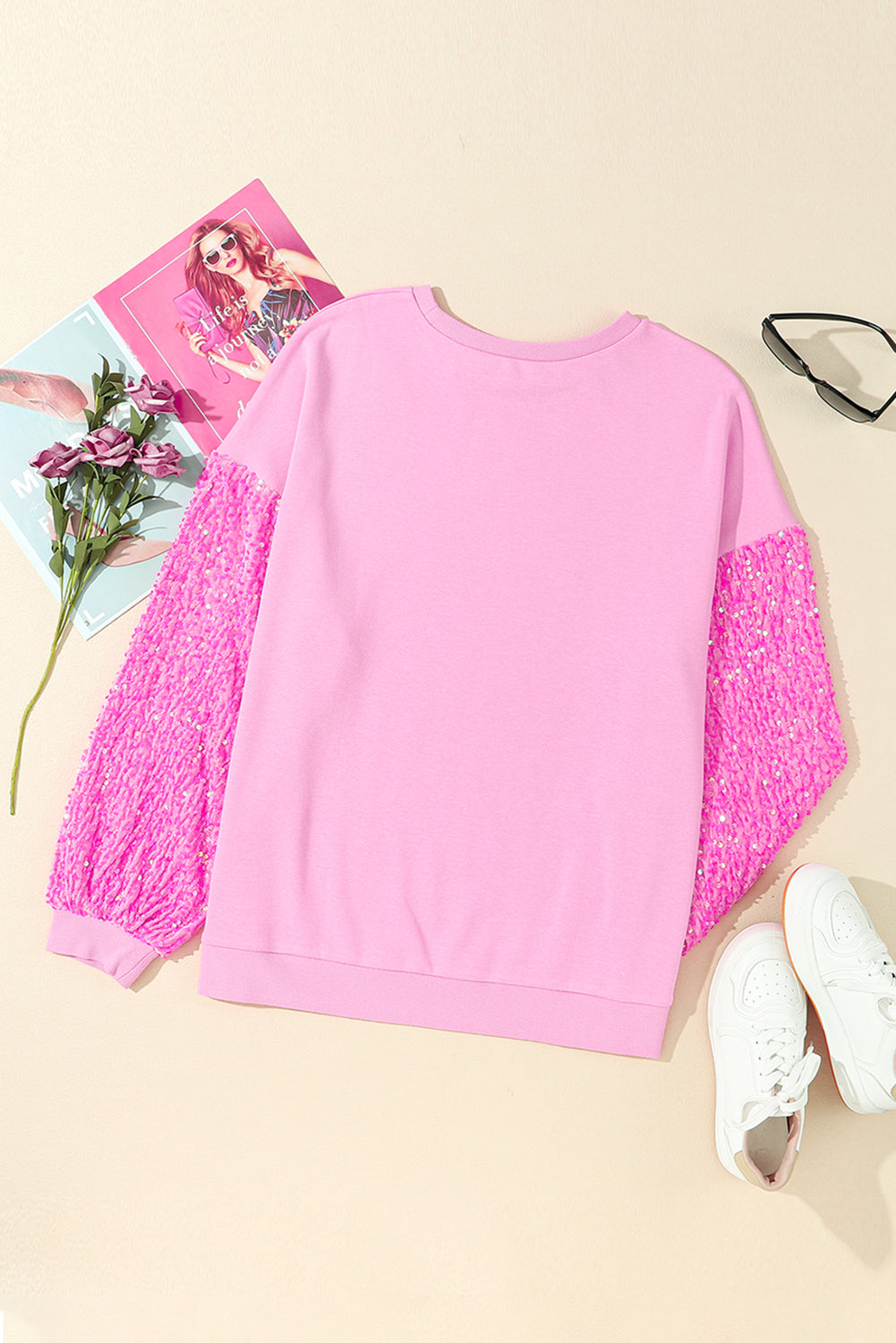 Pink Sequin Patchwork Long Sleeve Pullover Sweatshirt