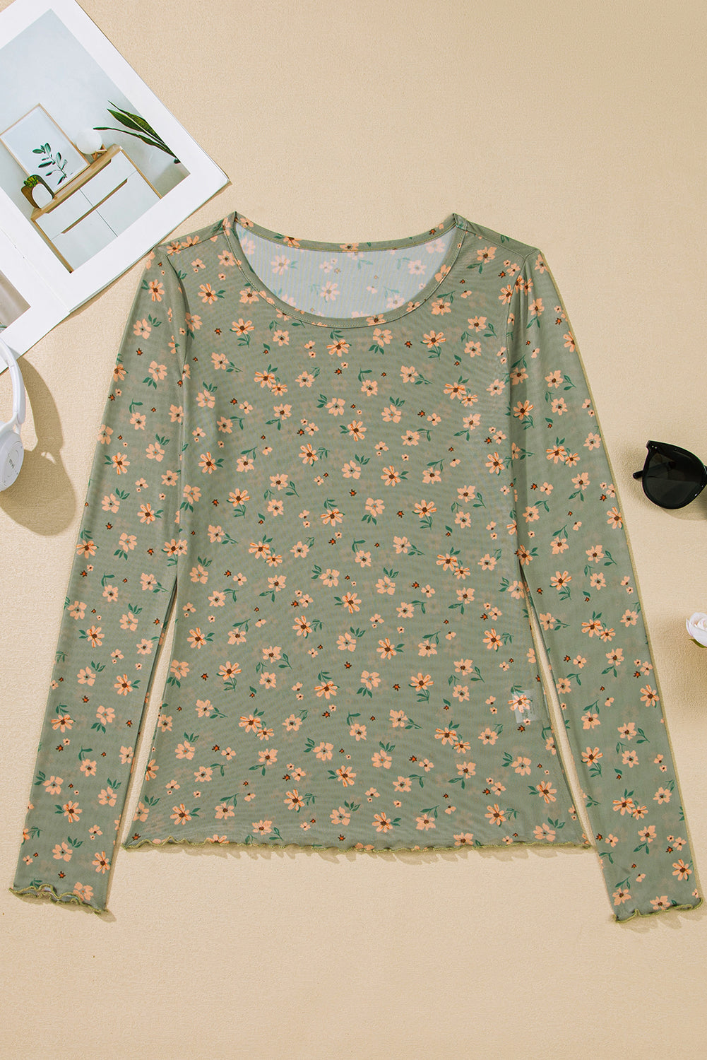 Sky Blue Floral Print Mesh Slim Fit Long Sleeve Top