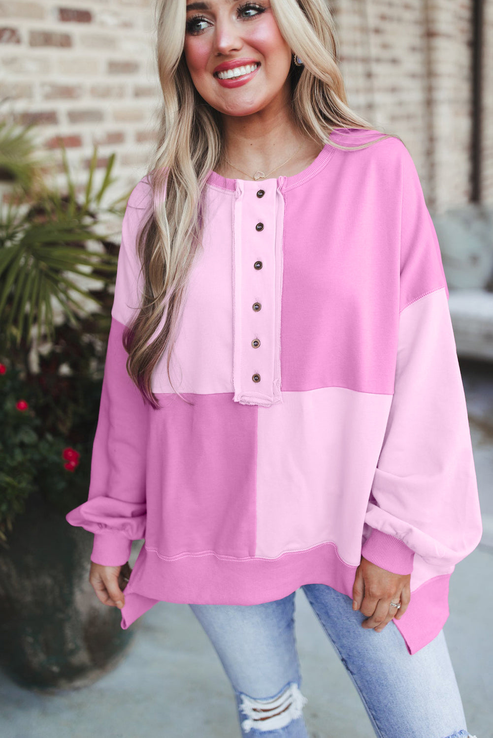 Pink Colorblock High Low Loose Henley Sweatshirt