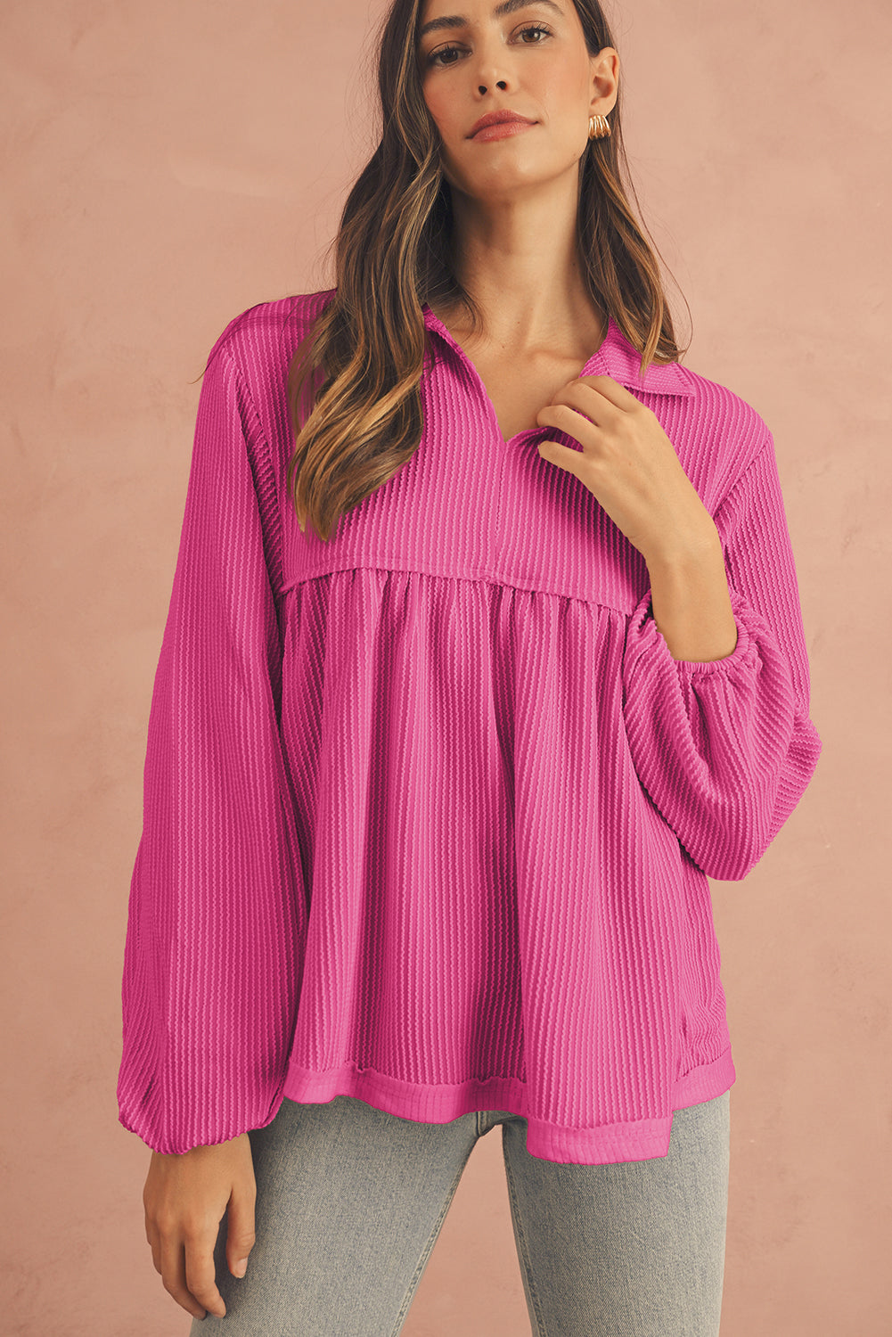 Phalaenopsis Corded Turn-down Collar Bubble Sleeve Babydoll Top