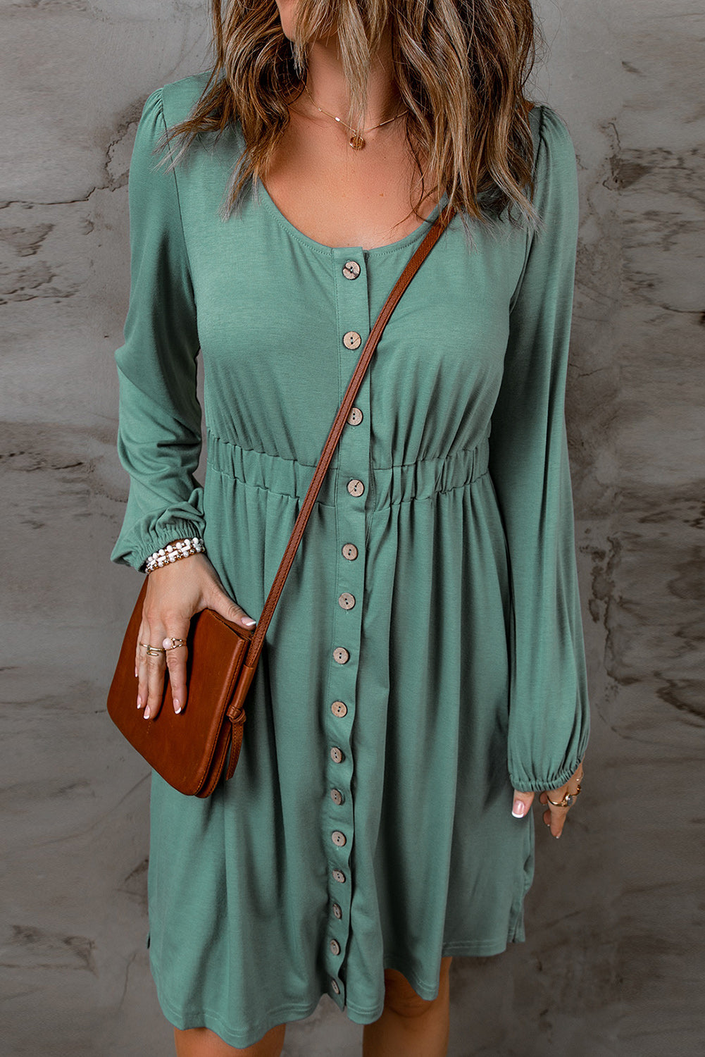 Green Casual Button Up Ruched Waist Short Dress
