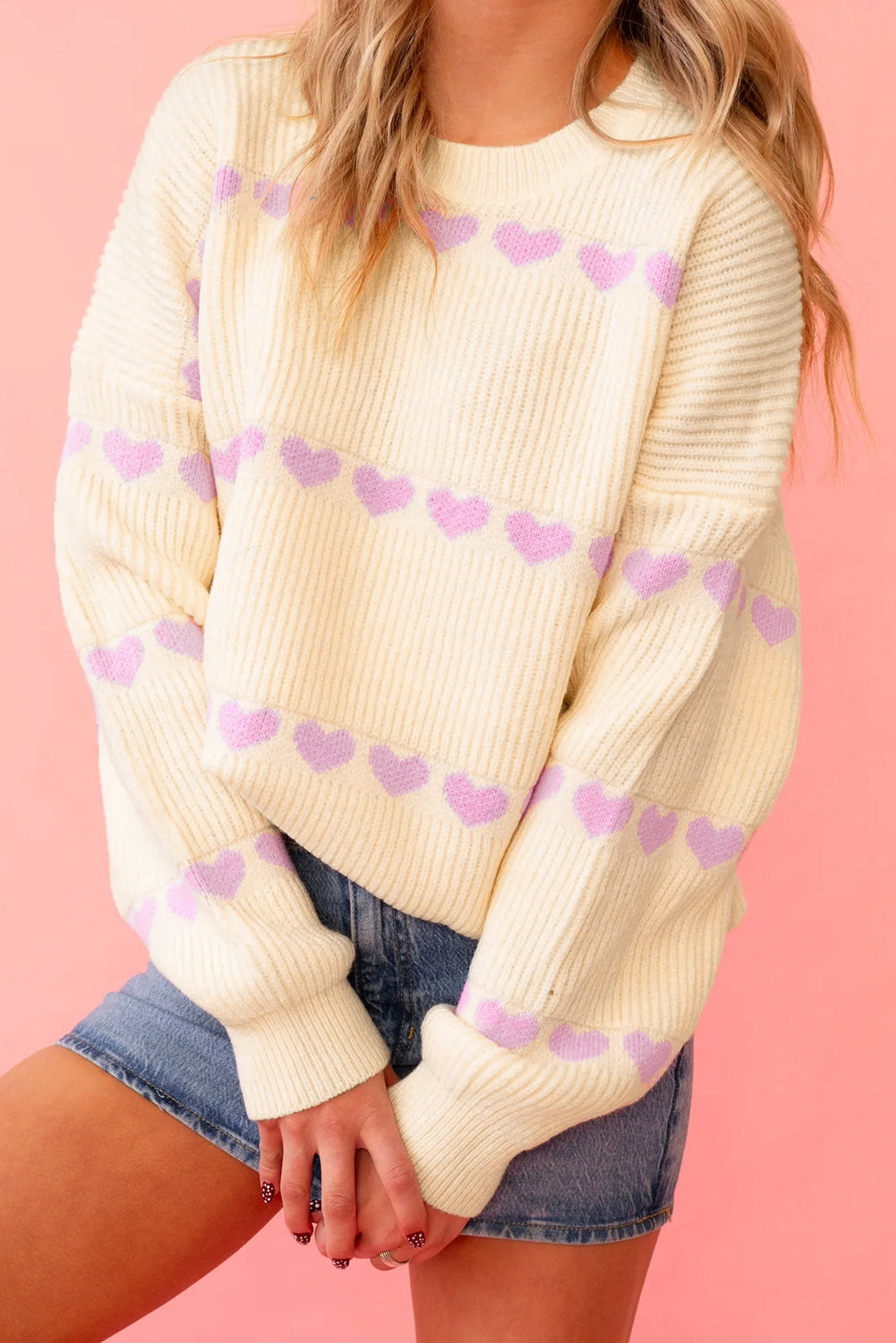 Pink Heart Pattern Ribbed Round Neck Knit Sweater