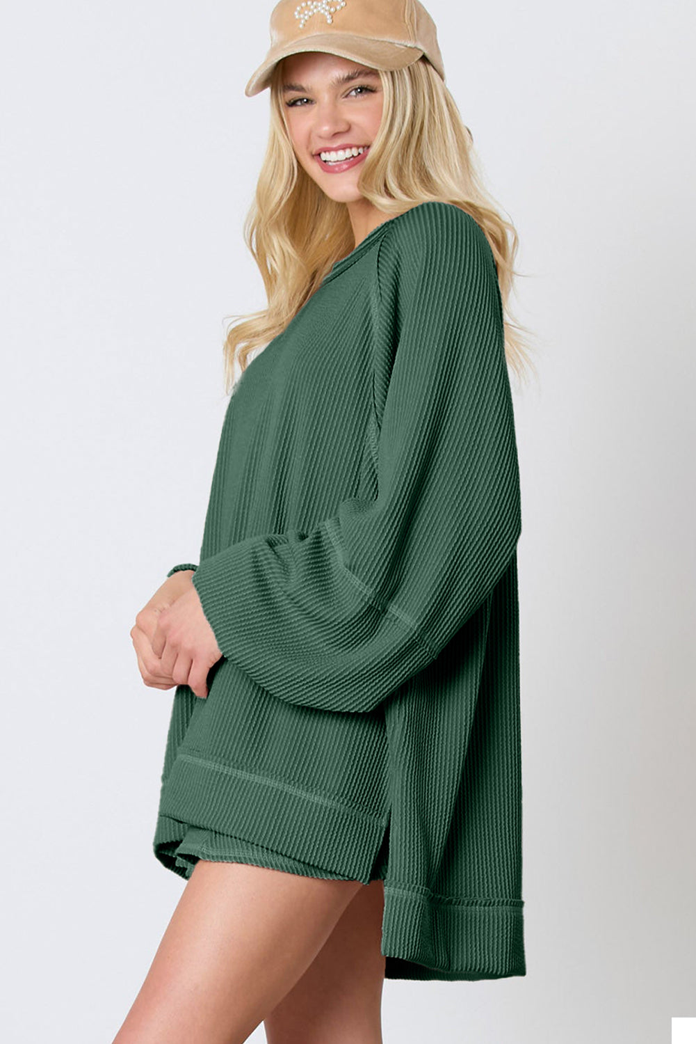 Dark Grey Corded Bishop Sleeve Pullover and Ruffle Mini Skirt Set